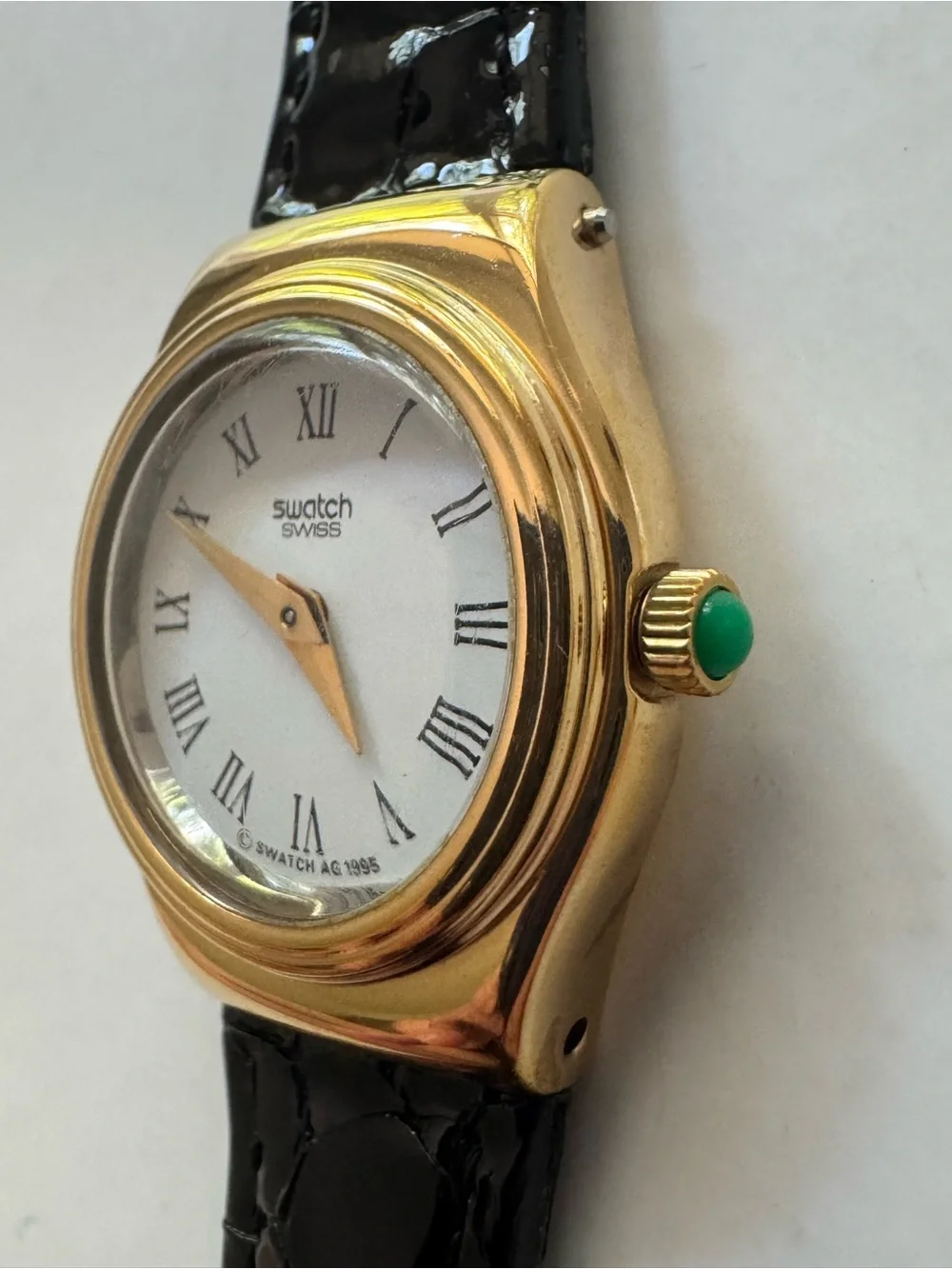 Swatch Watch White Dial with Roman Numerals and Black patent Strap